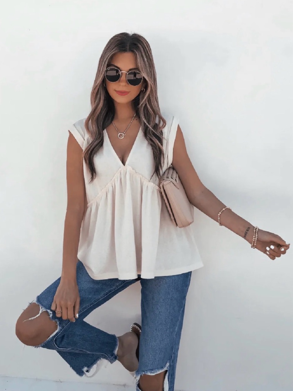 Magnolia Cream V-Neck Sleeveless Babydoll Camisole